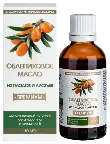 Облепиховое масло из плодов и листьев премиум 180мг%, масло для внутреннего применения, 50 мл, 1 шт. фото