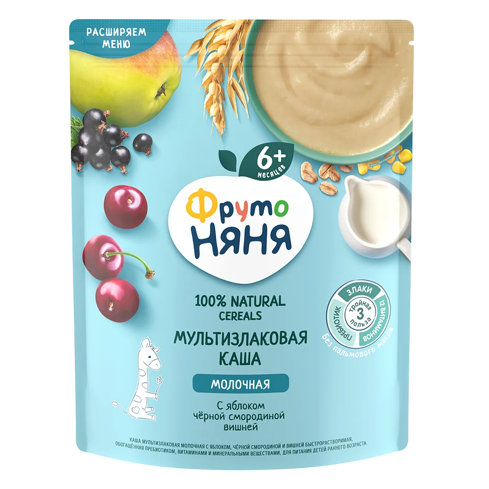 Фрутоняня каша молочная мультизлаковая, каша, 200 г, 1 шт, яблоко + черная смородина + вишня фото