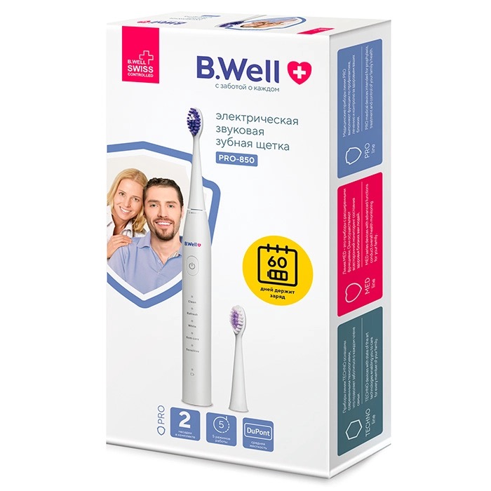 B.Well Электрическая звуковая зубная щетка PRO-850, щетка зубная, 1 шт, белая фото