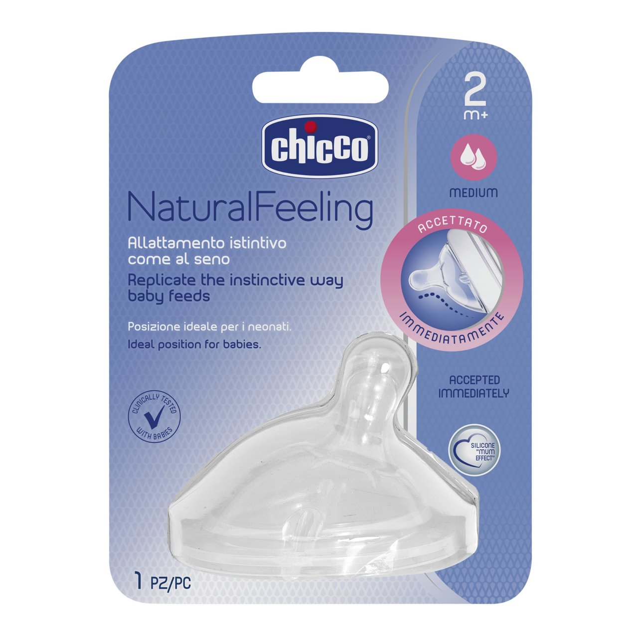 Chicco Natural Feeling Соска силиконовая, 1 шт, 2+ мес, средний поток фото