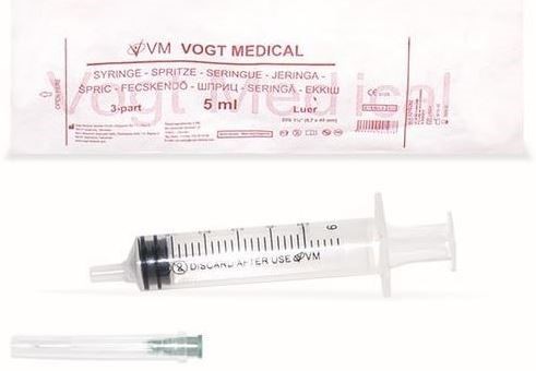 Шприц Vogt Medical 3-х компонентный, 5 мл, шприц в комплекте с иглой, 1 шт, 22G (0,7х40) фото