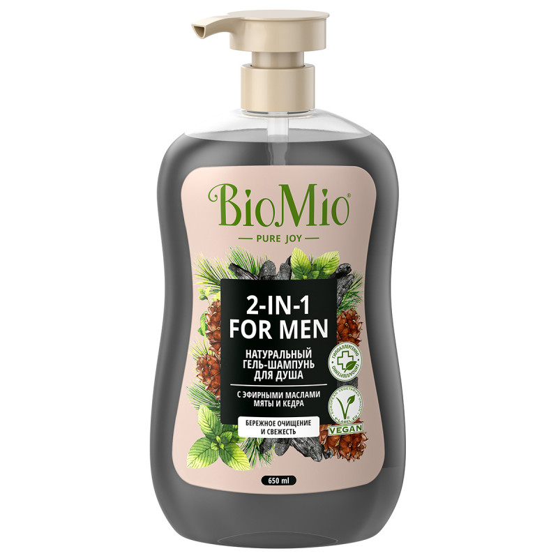 Biomio Гель-шампунь 2в1 мужской для душа с эфирными маслами мяты и кедра, гель для душа, 650 мл, 1 шт. фото