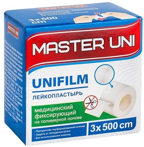 Master Uni Unifilm Лейкопластырь полимерная основа, 3 см х 500 см, пластырь, 1 шт, прозрачный фото