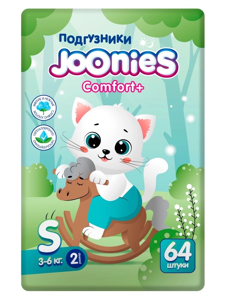Joonies Comfort Plus Подгузники для детей, размер S, 64 шт, 3-6 кг фото