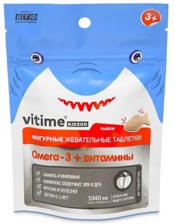 Vitime Kidzoo Витамины + Омега-3, таблетки жевательные, 60 шт, персик + манго фото