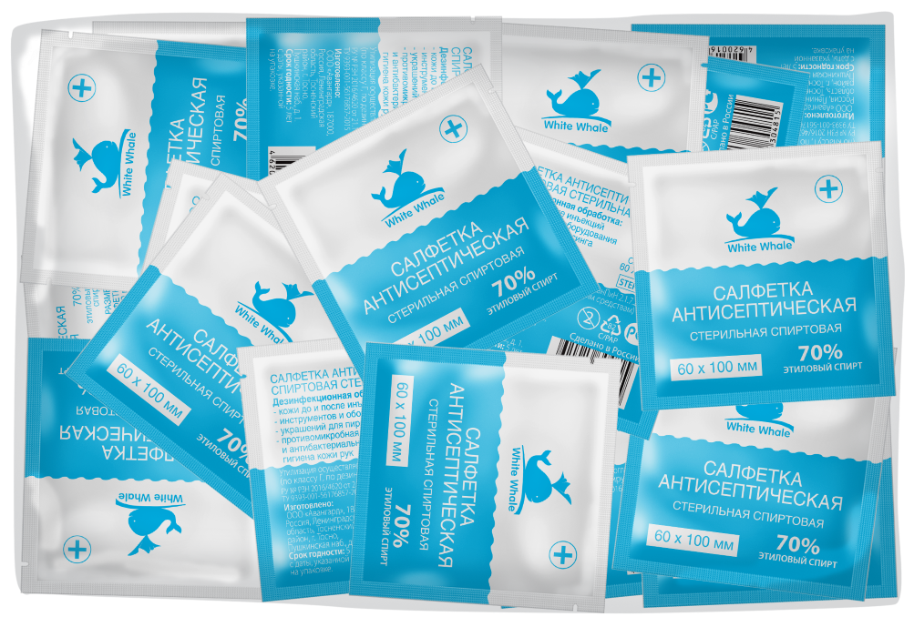 White Whale Салфетка антисептическая спиртовая, 60 мм х 100 мм, 100 шт. фото
