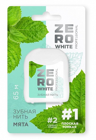 ZeroWhite Зубная нить вощеная плоская тонкая №1, 65 м, нить зубная, 1 шт, мята фото
