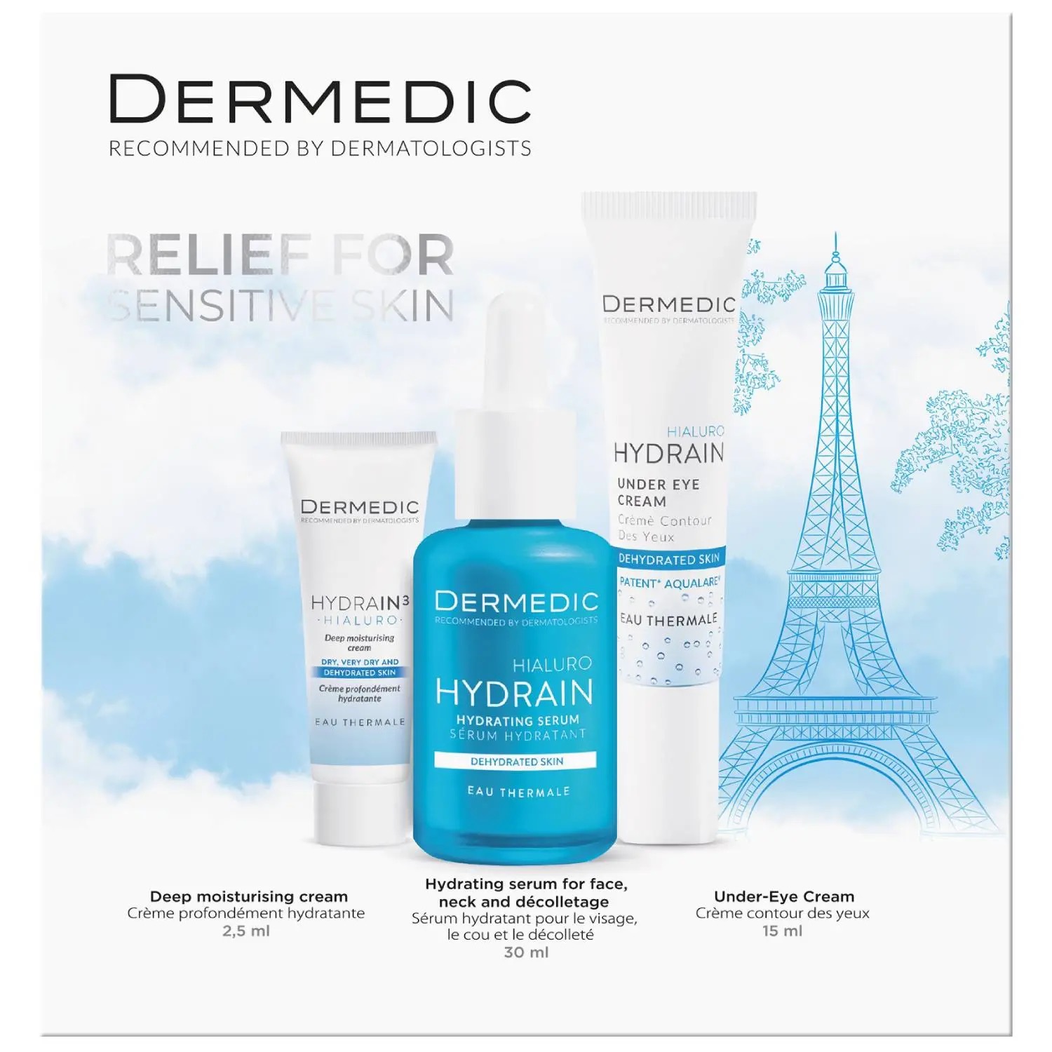 Дермедик сыворотка 30 мл + крем для контура глаз 15 мл + глубоко увлажняющий дневной крем SPF 15 2.5 мл, набор, 1 шт. фото