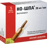 Но-шпа, 20 мг/мл, раствор для внутривенного и внутримышечного введения, 2 мл, 5 шт. фото