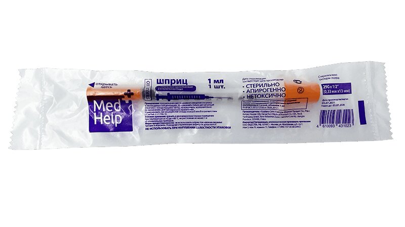 Медхелп Шприц 3-х компонентный, 1 мл, шприц в комплекте с иглой, 1 шт, 29G (0.33x13) фото