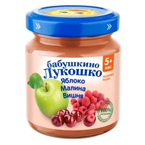 Бабушкино Лукошко детское пюре, пюре, 100 г, 1 шт, яблоко + малина + вишня фото