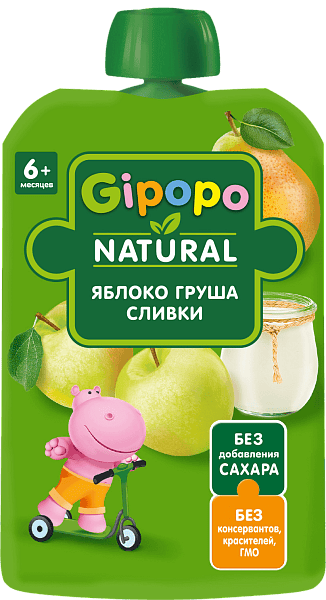 Gipopo детское пюре, 6+ мес, пюре, 90 г, 1 шт, яблоко + груша + сливки фото
