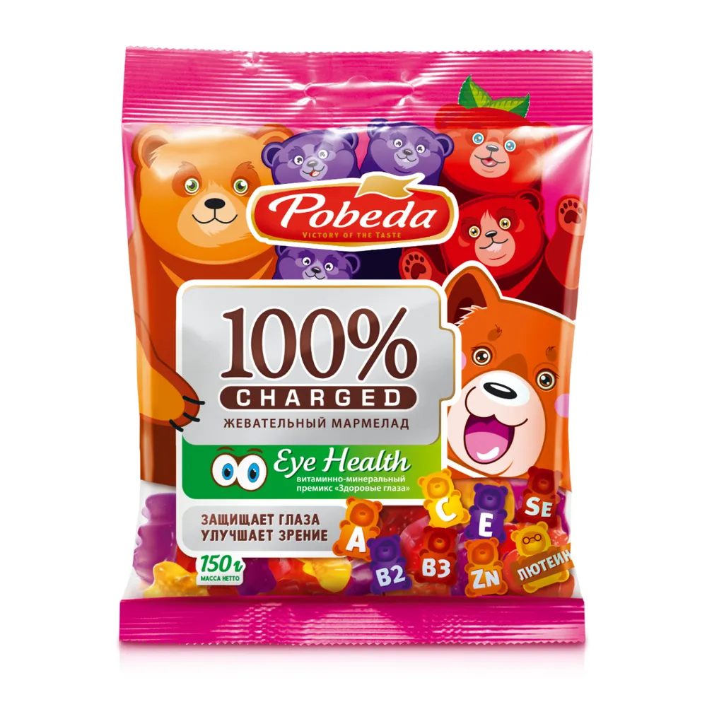 Победа Чаржед мармелад жевательный Здоровые глаза, мармеладные мишки, 150 г, 1 шт, черника + вишня + персик + мандарин фото