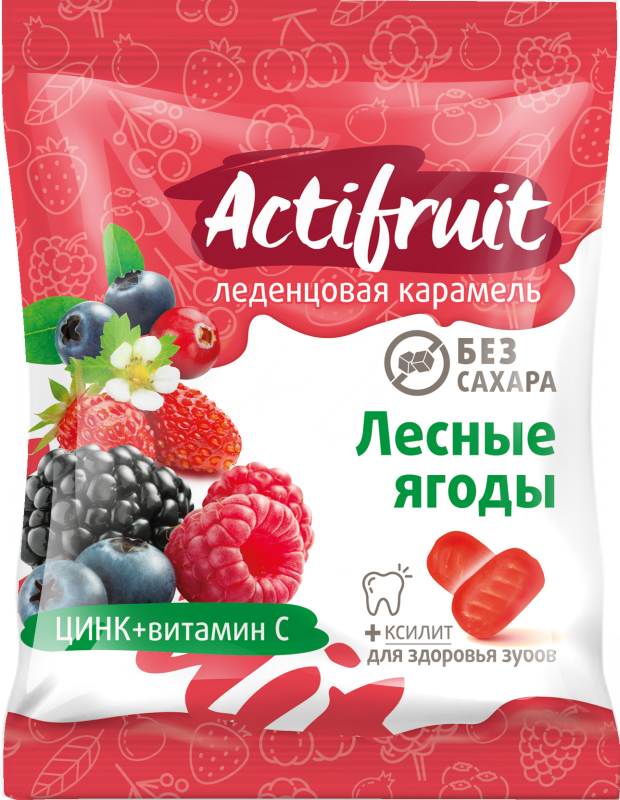 Актифрут Леденцы с витамином С и цинком, леденцы, 60 г, 1 шт, лесные ягоды, без сахара фото
