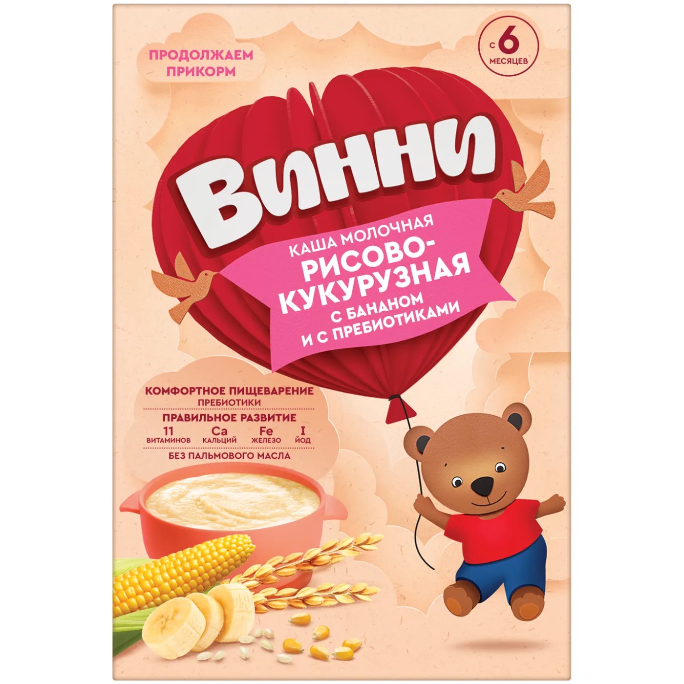 Винни каша молочная рисово-кукурузная с пребиотиками, каша, 200 г, 1 шт, с бананом фото