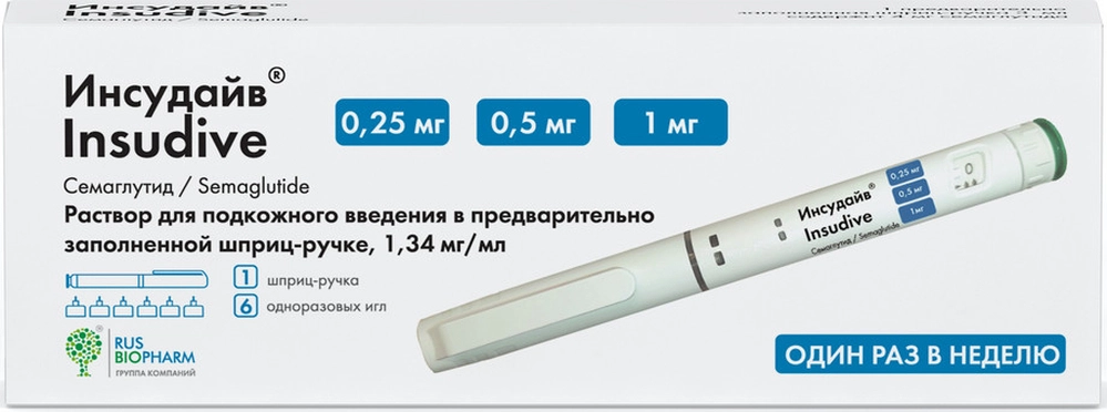 Инсудайв, 0.25/0.5/1 мг/доза, раствор для подкожного введения, 3 мл, 1 шт, в комплекте с иглами 6 шт фото