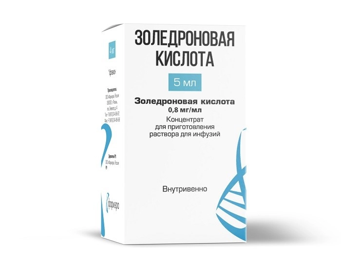 Золедроновая кислота, 0.8 мг/мл, концентрат для приготовления раствора для инфузий, 5мл, 1 шт. фото