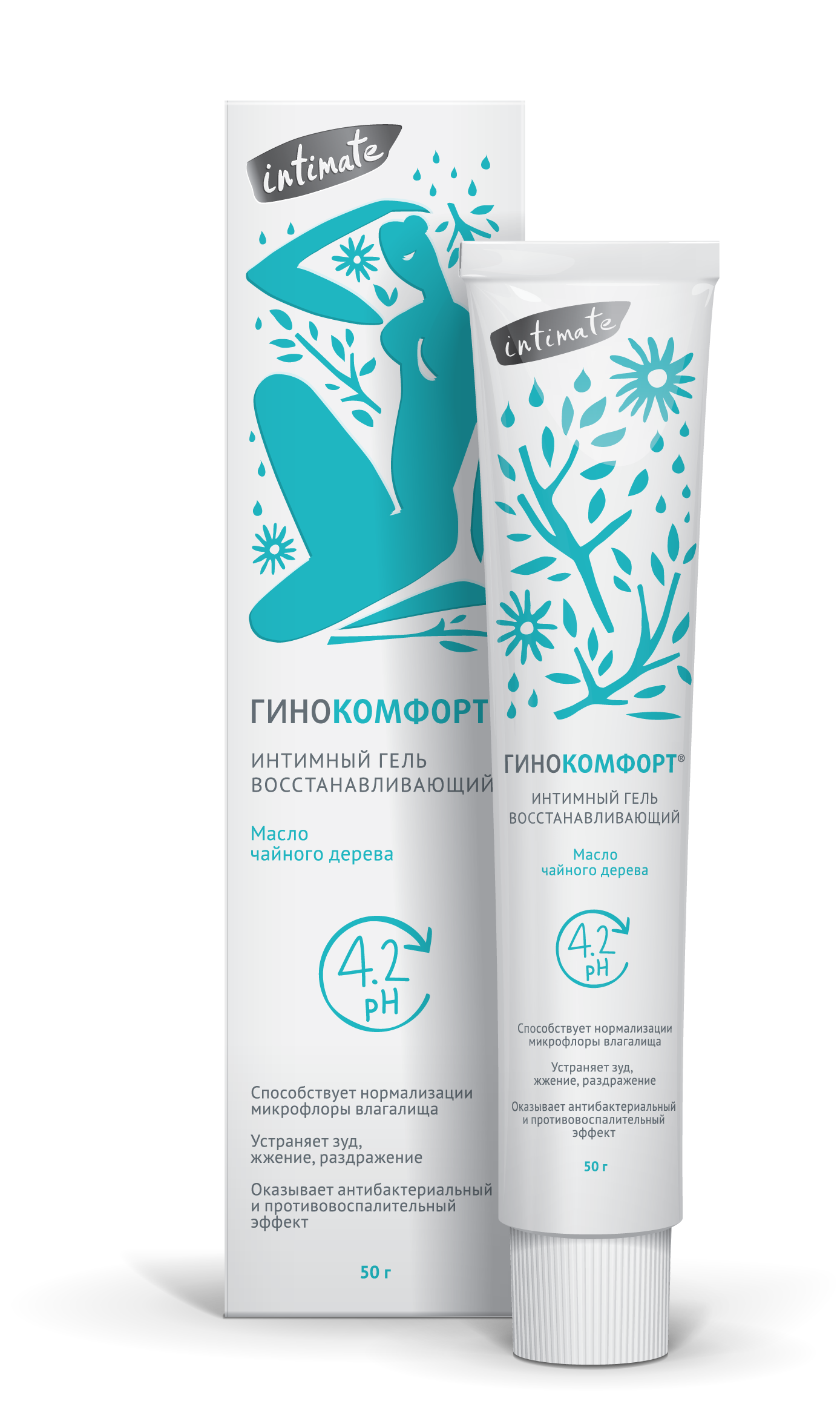 Гинокомфорт гель для интимной гигиены восстанавливающий, гель для местного применения, 50 г, 1 шт, с маслом чайного дерева фото