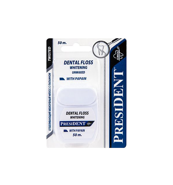 PresiDENT Зубная нить отбеливающая с папаином, 50 м, 1 шт. фото