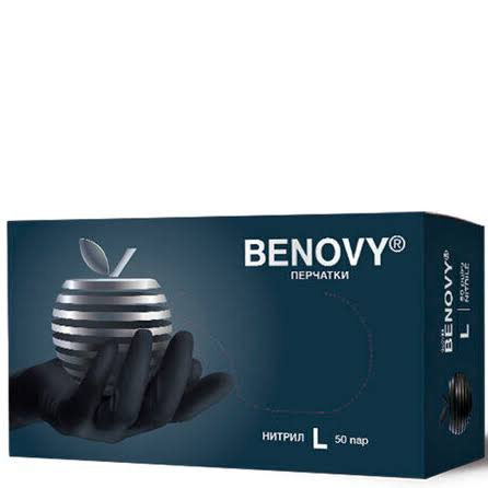 Benovy перчатки смотровые нитриловые нестерильные неопудренные текстурированные на пальцах хлорированные, Large L, пара, 50 шт, черные фото
