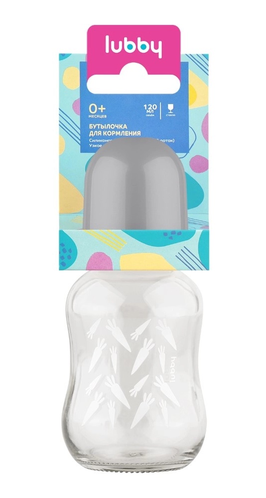 Lubby Бутылочка стеклянная с силиконовой соской, узкое горло, 0+ мес, 120 мл, 1 шт, арт. 16032 фото