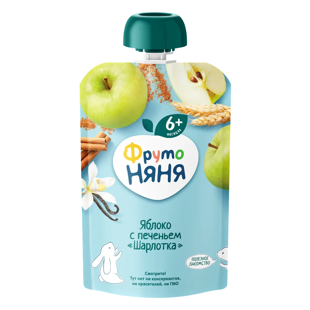 Фрутоняня детское пюре, пюре, 90 г, 1 шт, яблоко + печенье шарлотка фото