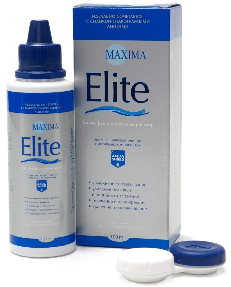 Maxima Elite для ухода за линзами, раствор для обработки и хранения мягких контактных линз, 100 мл, 1 шт, в комплекте с контейнером для хранения линз фото