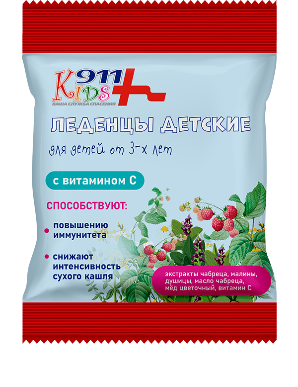 911 kids Леденцы с витамином С, леденцы, 50 г, 1 шт, душица + малина + мед + чабрец фото