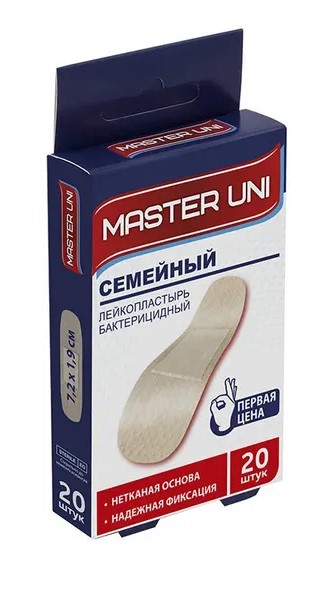 Master Uni Семейный Лейкопластырь бактерицидный, 1.9 см х 7.2 см, лейкопластырь бактерицидный, 20 шт, нетканая основа фото