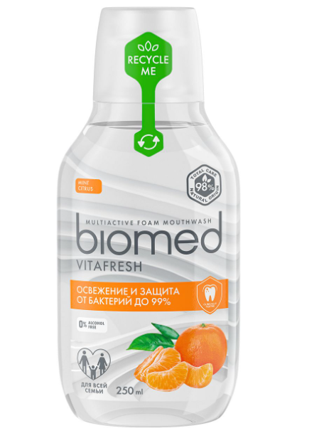 Biomed пенный ополаскиватель для полости рта vitafresh, раствор для полоскания полости рта, 250мл, 1 шт. фото