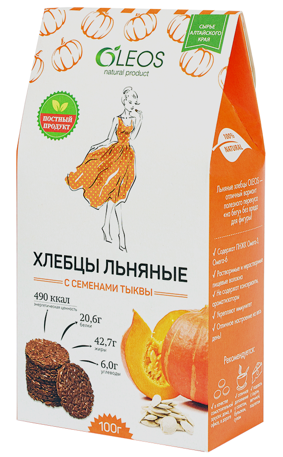 Oleos Хлебцы льняные, хлебцы, 100 г, 1 шт, с семенами тыквы фото