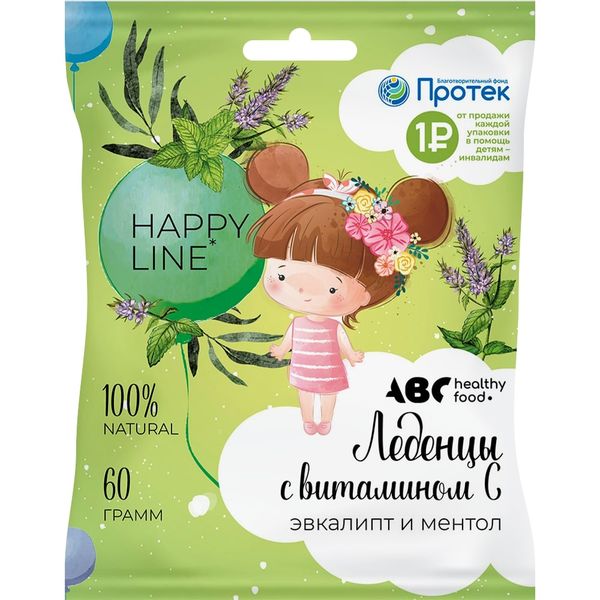 ABC Хэлси Фуд Happy line Карамель леденцовая с витамином С, 60 г, 1 шт, эвкалипт + ментол фото