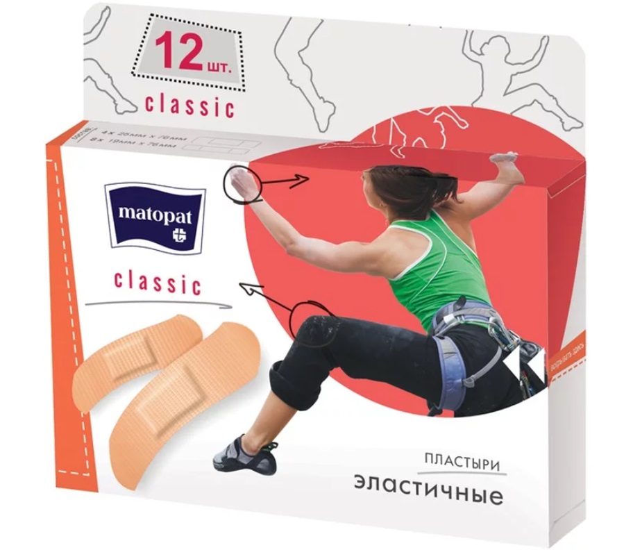 Matopat Classic Пластырь, пластырь в комплекте, 12 шт, 2 размера, текстильный эластичный фото