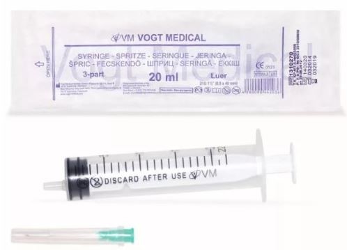 Шприц Vogt Medical 3-х компонентный, 20 мл, шприц в комплекте с иглой, 1 шт, 21G (0.80х40) фото