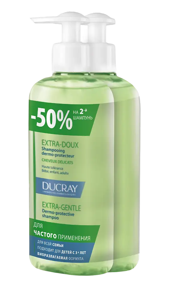 Ducray Extra-Doux Шампунь защитный для частого применения, шампунь, 400 мл, 2 шт. фото