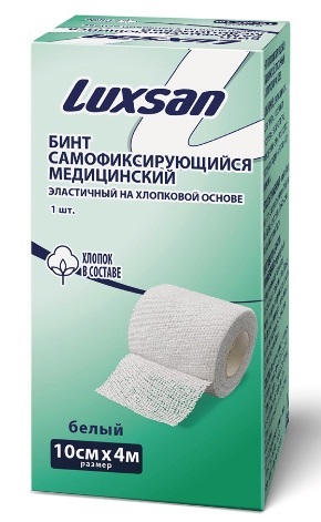 Luxsan Бинт эластичный самофиксирующийся на хлопковой основе, 10 см х 4 м, бинт эластичный, 1 шт, белый фото
