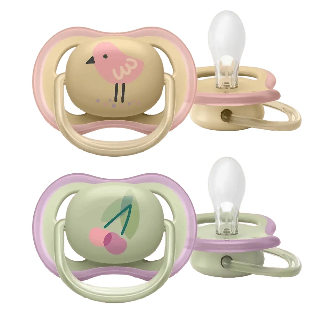 AVENT Ultra Air пустышка силиконовая ортодонтическая с футляром, 0-6 месяцев, 2 шт, вишня/птичка, арт. SCF085/13 фото