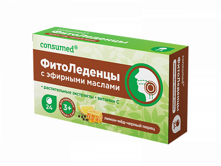 Консумед Фитоледенцы с эфирными маслами для детей с 3 лет и взрослых, леденцы, 24 шт, лимон + мёд + черный перец фото