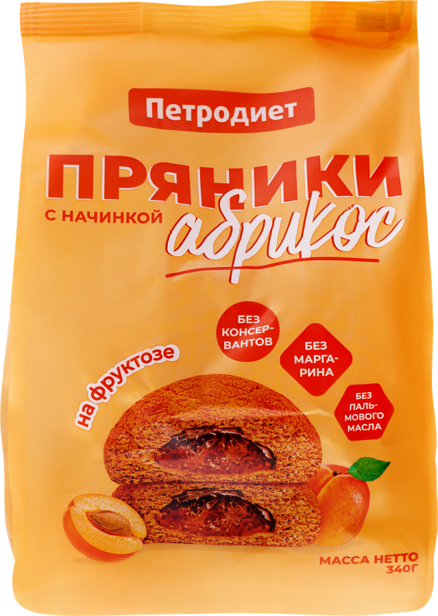 Пряники на фруктозе, 340 г, 1 шт, с абрикосовой начинкой фото