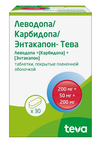 Леводопа Карбидопа Энтакапон-Тева, 200 мг + 50 мг + 200 мг, таблетки, покрытые пленочной оболочкой, 30 шт. фото