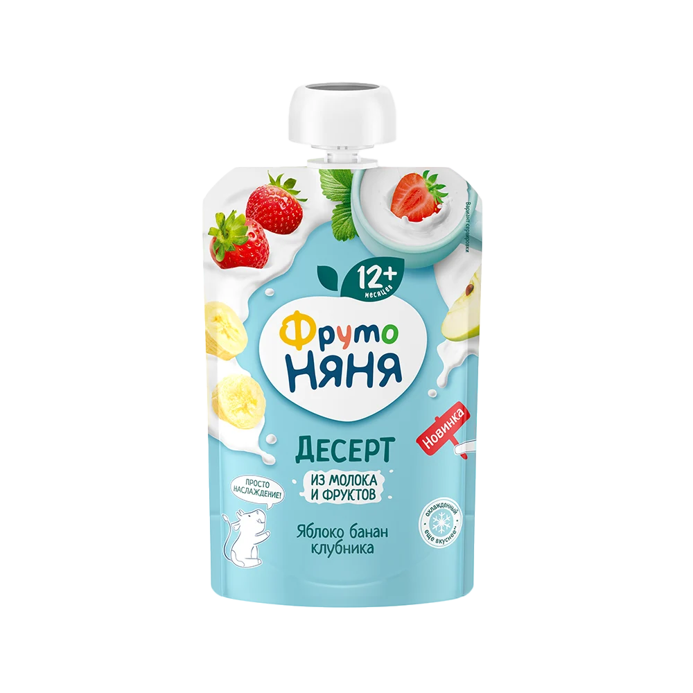 Фрутоняня детское пюре, пюре, 90 г, 1 шт, яблоко + банан + клубника + молоко фото