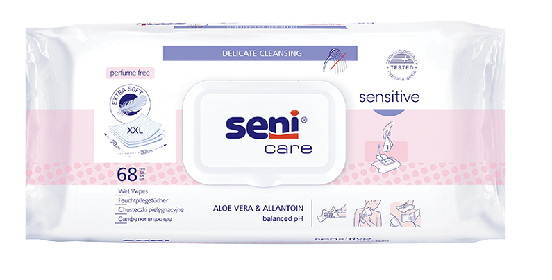 Seni Care sensitive Салфетки влажные с алоэ и аллантоином, салфетки влажные, 68 шт, без отдушки фото