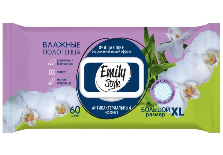 Emily Style Полотенца влажные антибактериальные, р. XL, полотенца влажные, 60 шт. фото