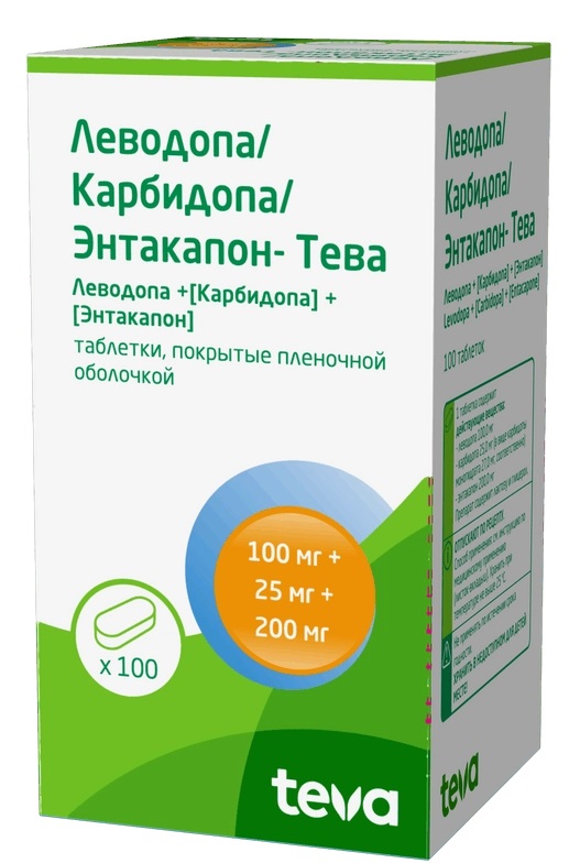 Леводопа Карбидопа Энтакапон-Тева, 100 мг + 200 мг + 25 мг, таблетки, покрытые пленочной оболочкой, 100 шт. фото