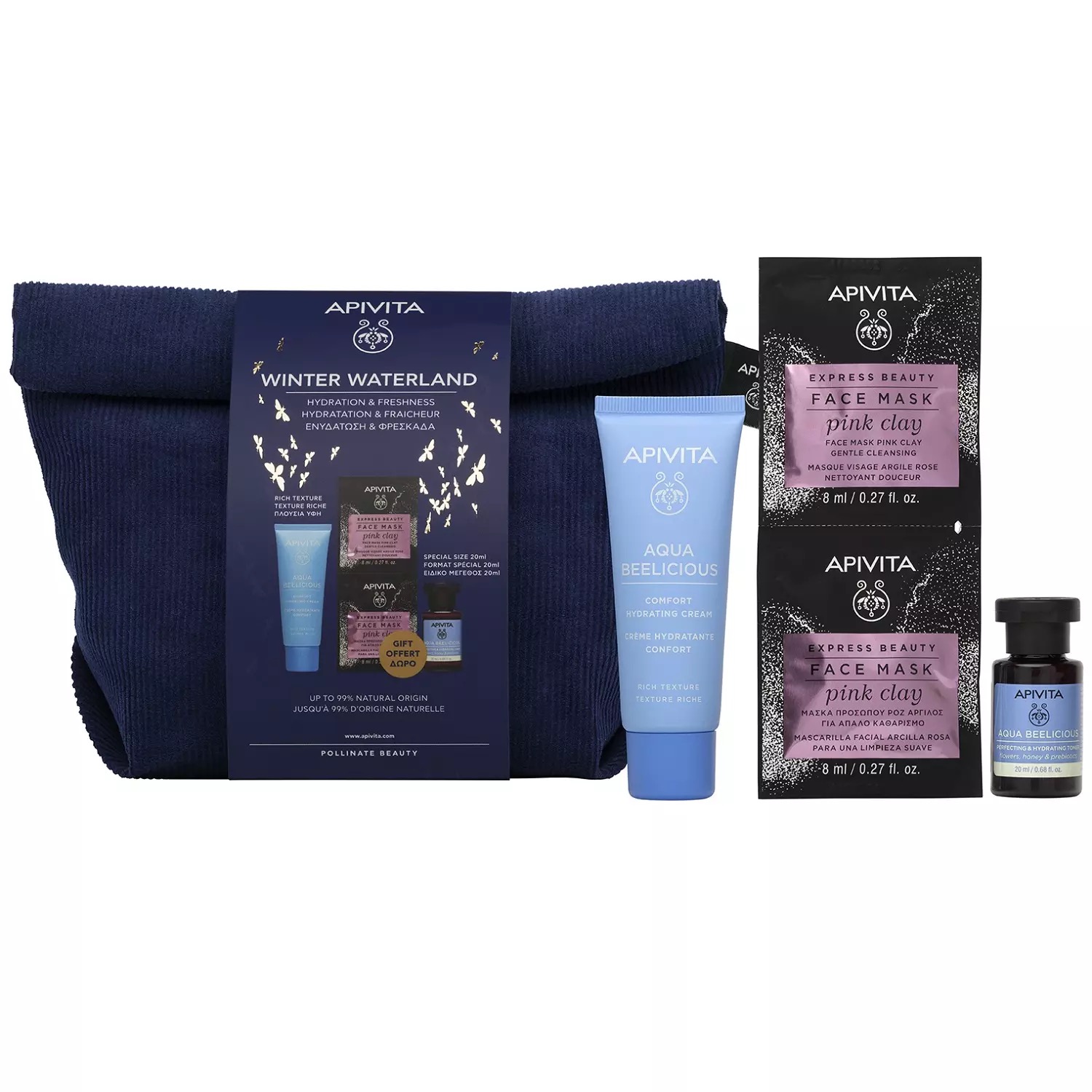 Apivita Aqua Beelicious крем-комфорт с насыщенной текстурой 40 мл + тонер 20 мл + маска для лица с розовой глиной 2х8 мл, набор, 1 шт. фото