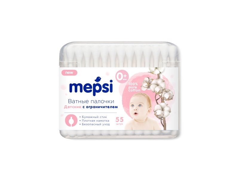 Mepsi ватные палочки детские с ограничителем, ватные палочки, 55 шт. фото