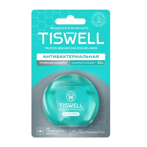 Tiswell зубная нить вощеная с мятным вкусом, 50 м, нить зубная, 1 шт. фото