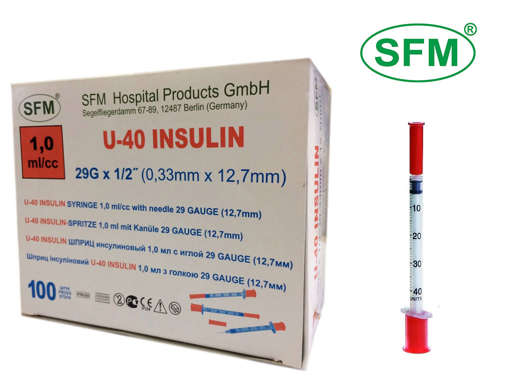 Шприц SFM 3-х компонентный инсулиновый U-40, 1 мл, шприц в комплекте с иглой, 100 шт, 29G (0,33х12,7 мм) фото