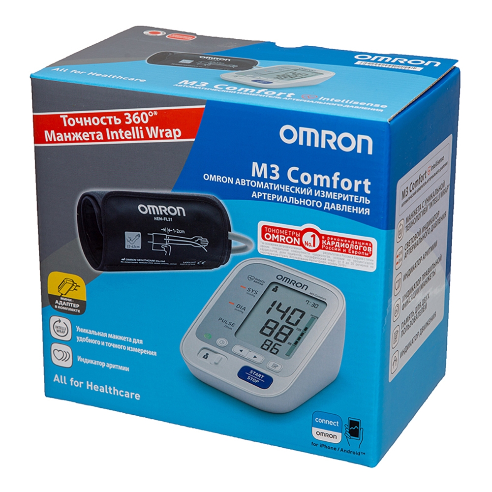 Тонометр автоматический Omron M3 Comfort, тонометр автоматический, 1 шт, с адаптером и универсальной манжетой (22-42 см), арт. HEM-7155-ALRU фото