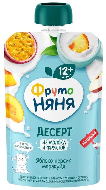Фрутоняня Десерт, пюре, 90 г, 1 шт, яблоко + персик + маракуйя фото
